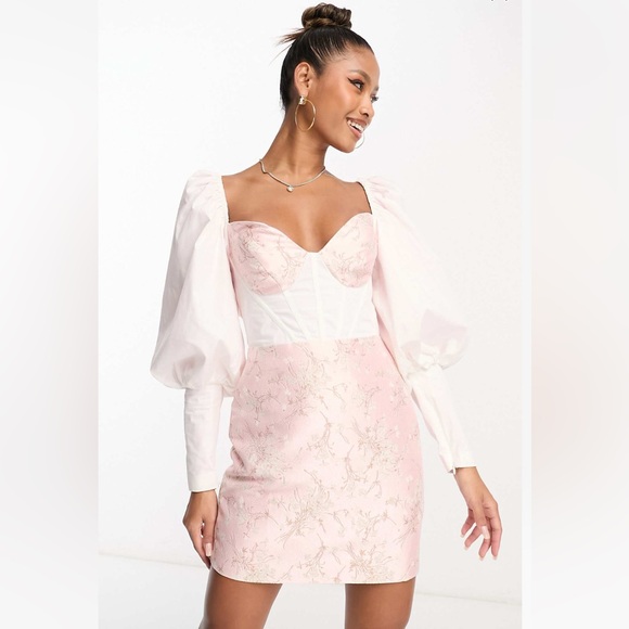 Corset Jacquard Mini Dress w puff sleeves - Picture 7 of 8